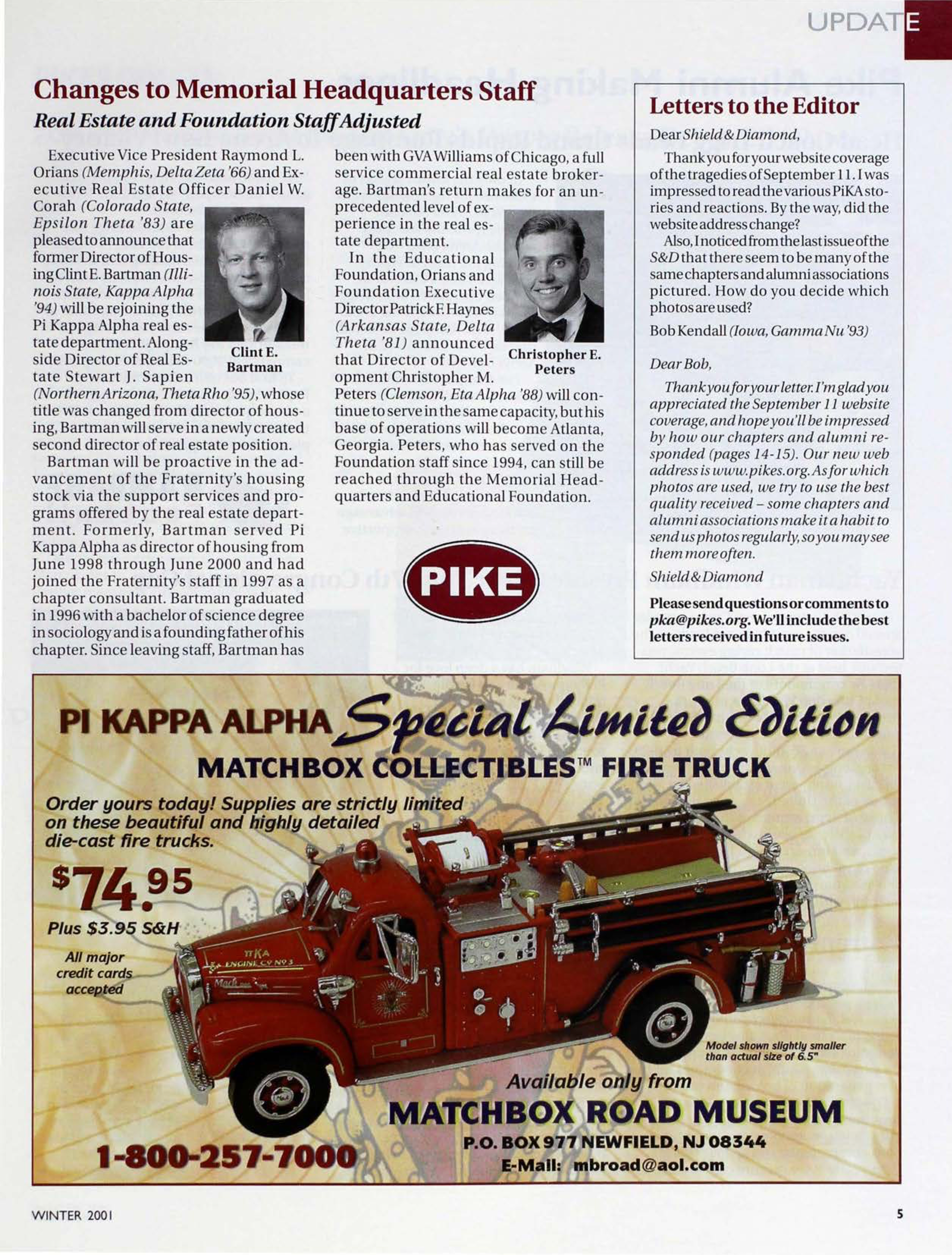 Update: Changes To Memorial Headquarters Staff, , Winter 2001